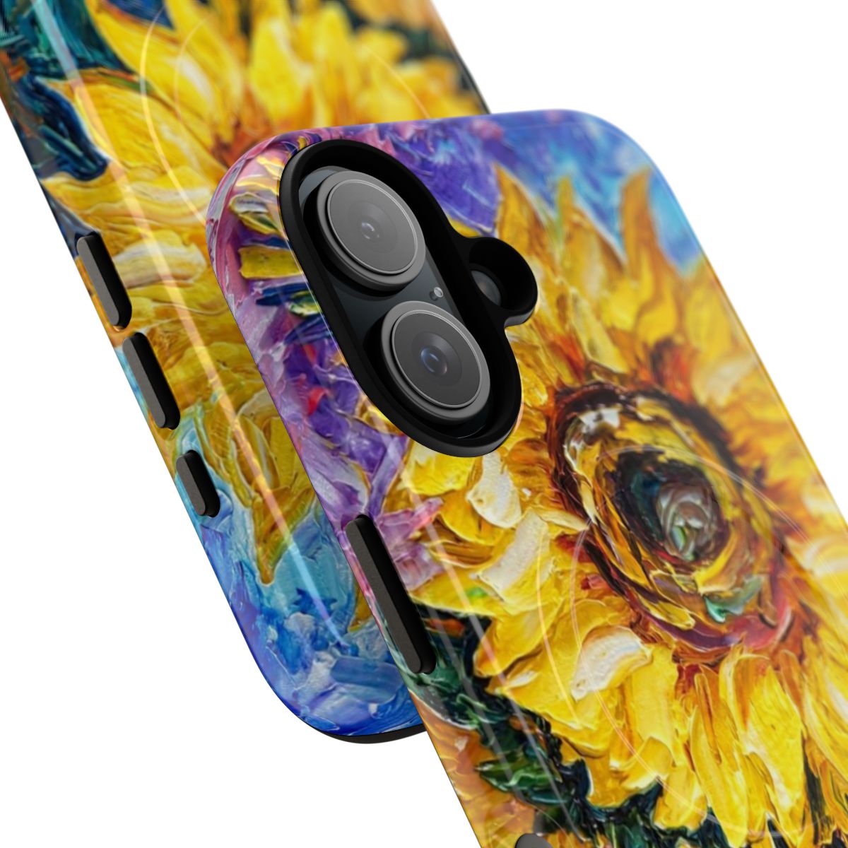 Sunflower textured palette knife painting on a magnetic tough phone case - Detail