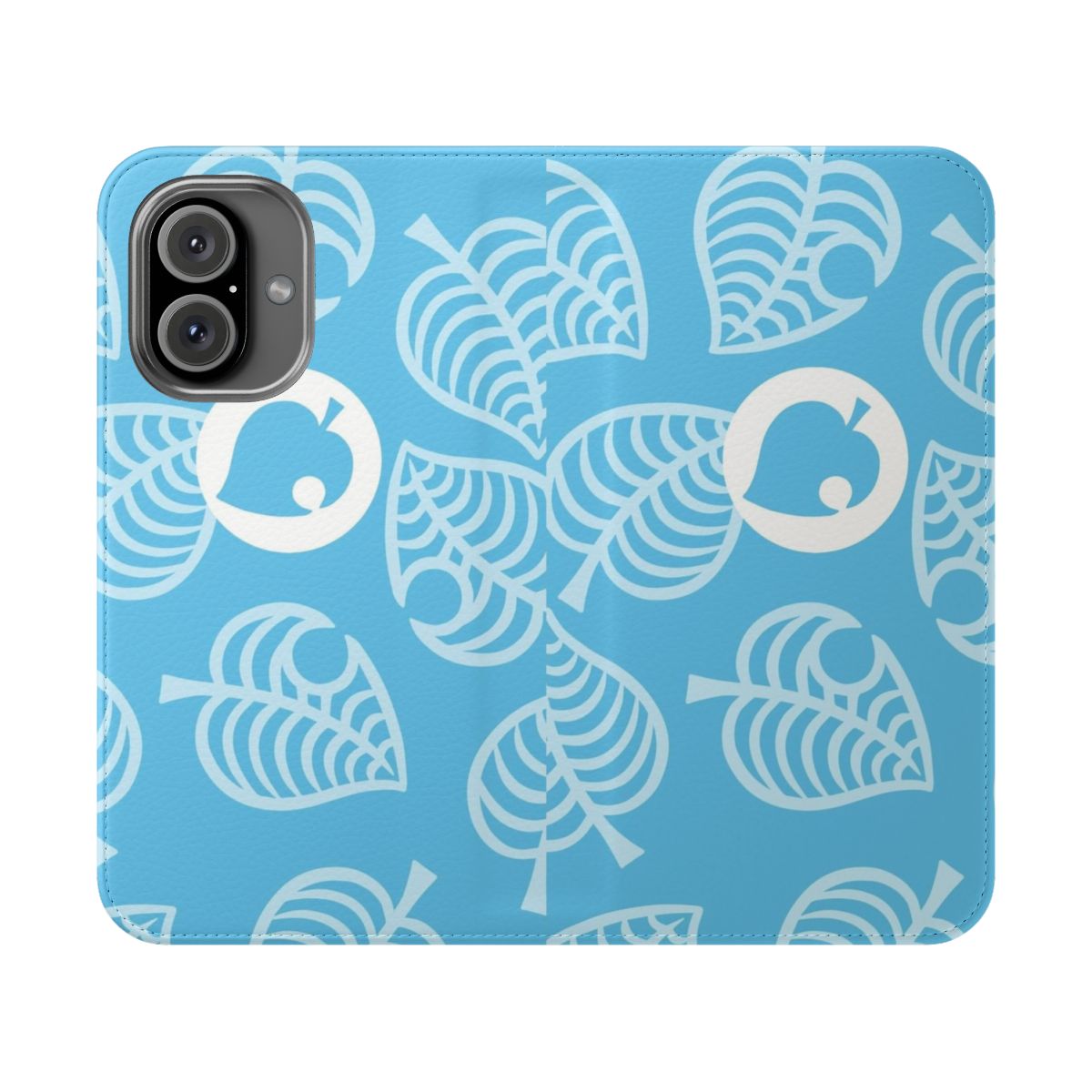 Blue flip phone case with Animal Crossing Nook design