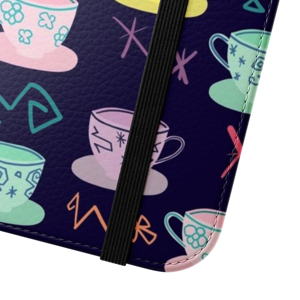 Vibrant flip phone case featuring an Alice in Wonderland-inspired mad tea party design. - Close Up