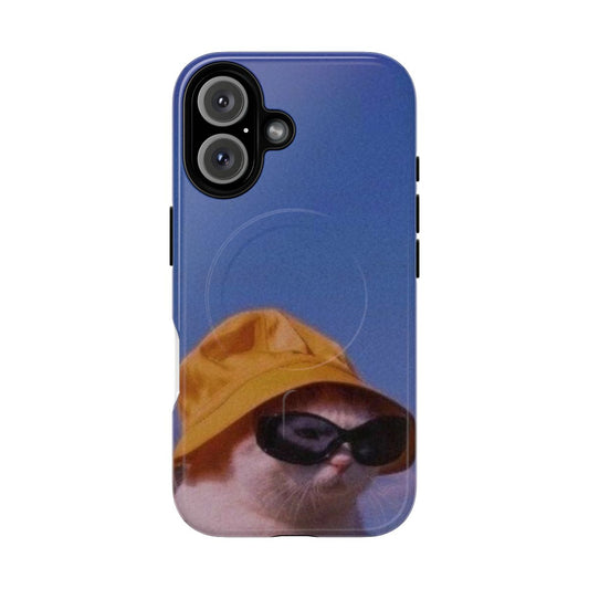 Magnetic tough phone case with a trippy, funny cat design