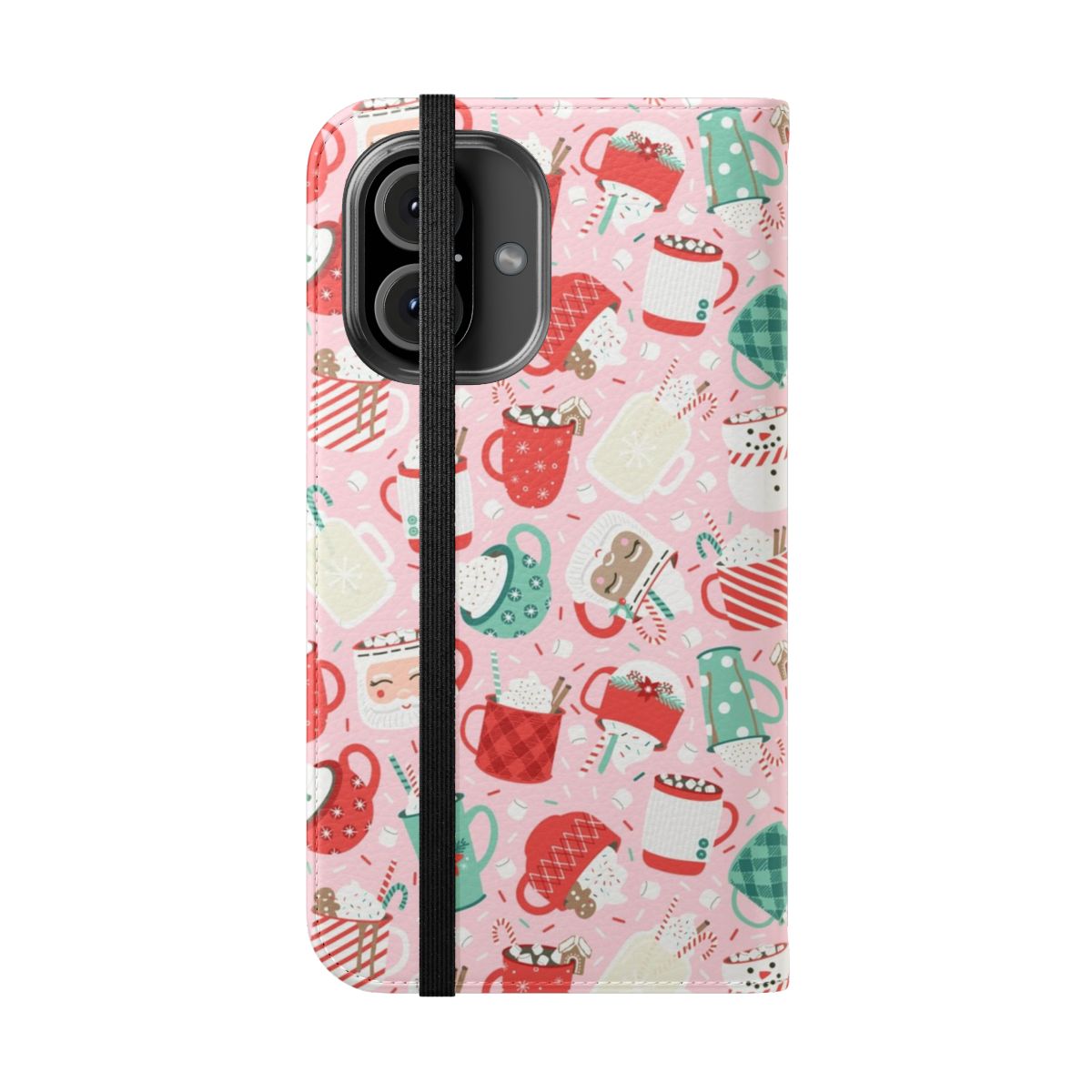 Festive flip cover phone case featuring a pink, cocoa-inspired design with Christmas elements like snowman, sprinkles, and marshmallows. - Folded Front