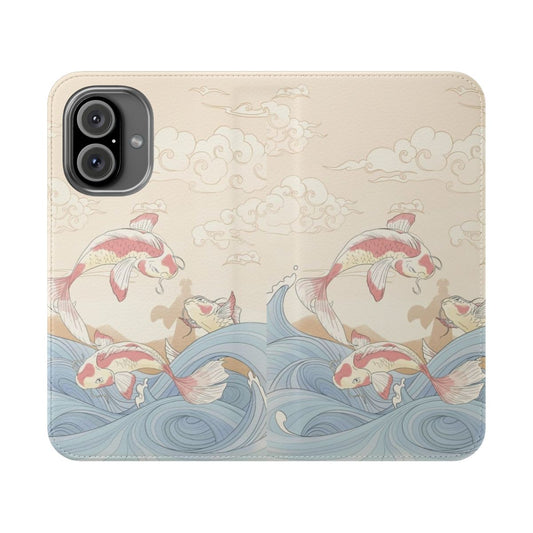 Kyoshi Island travel poster inspired flip cover phone case with koi fish and vintage Japanese design elements.