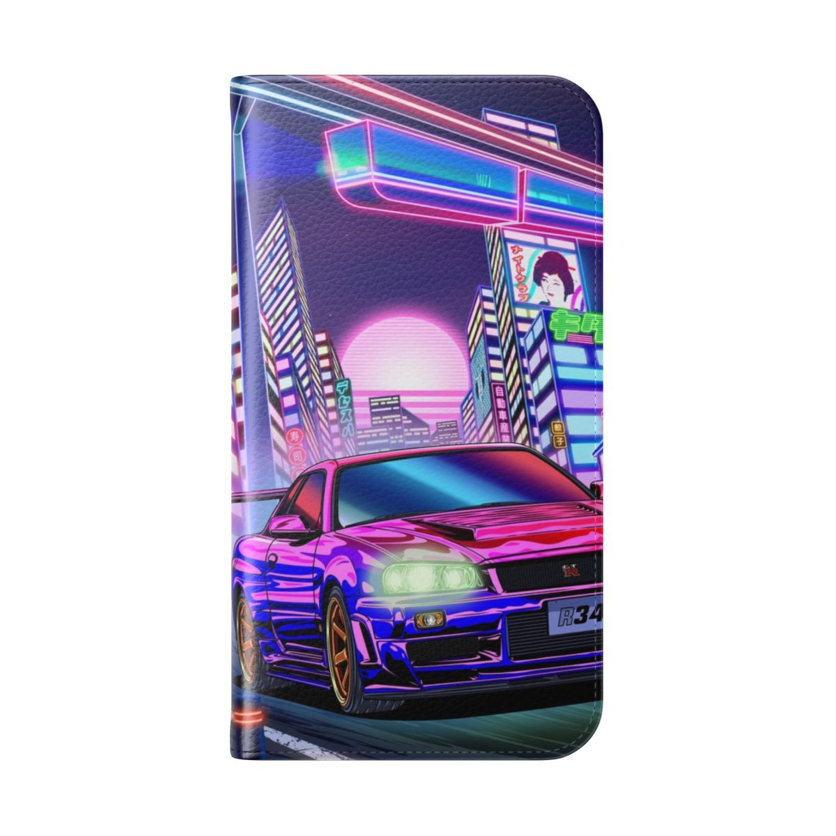 Vaporwave-inspired phone case featuring a Nissan Skyline GT-R R34 in a neon, cyberpunk-style design. - Folded Back