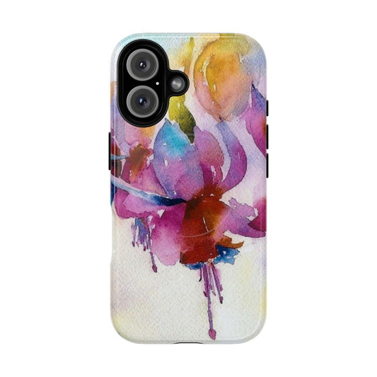 Watercolor painting of vibrant fuchsia flowers on a phone case