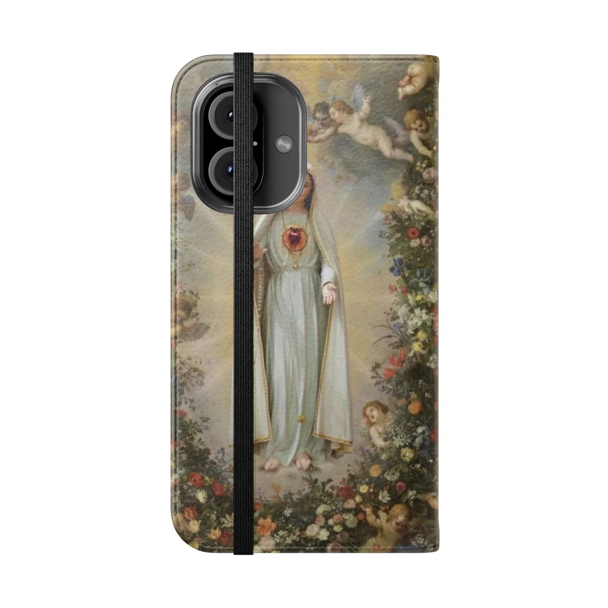 Flip cover phone case featuring the Blessed Virgin Mary and the Immaculate Heart of Mary - Folded Front