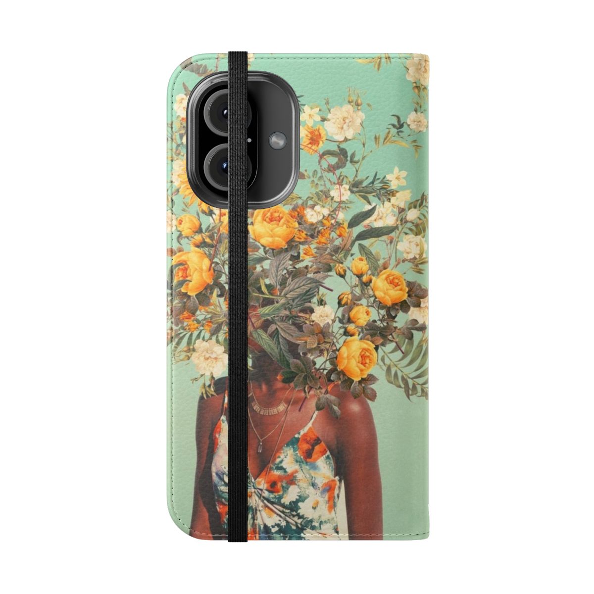 Vintage collage phone case featuring a vibrant floral and bird design in shades of green, blue, and yellow. - Folded Front