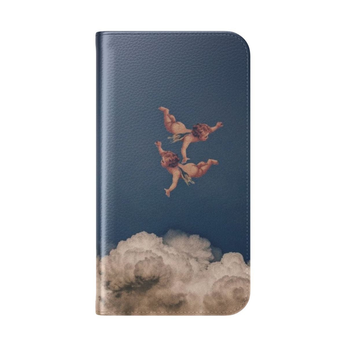 Vintage-style flip phone case with a beautiful, classic renaissance-inspired cherub design. - Folded Back