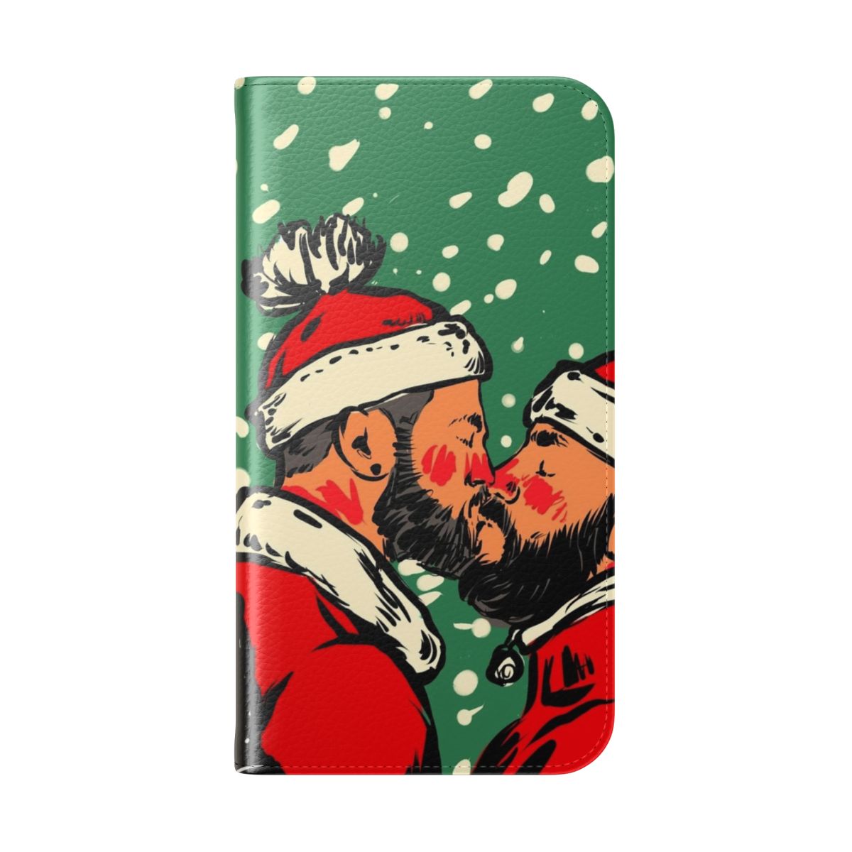 Two bearded men in Santa hats kissing with snow in the background on a flip phone case - Folded Back