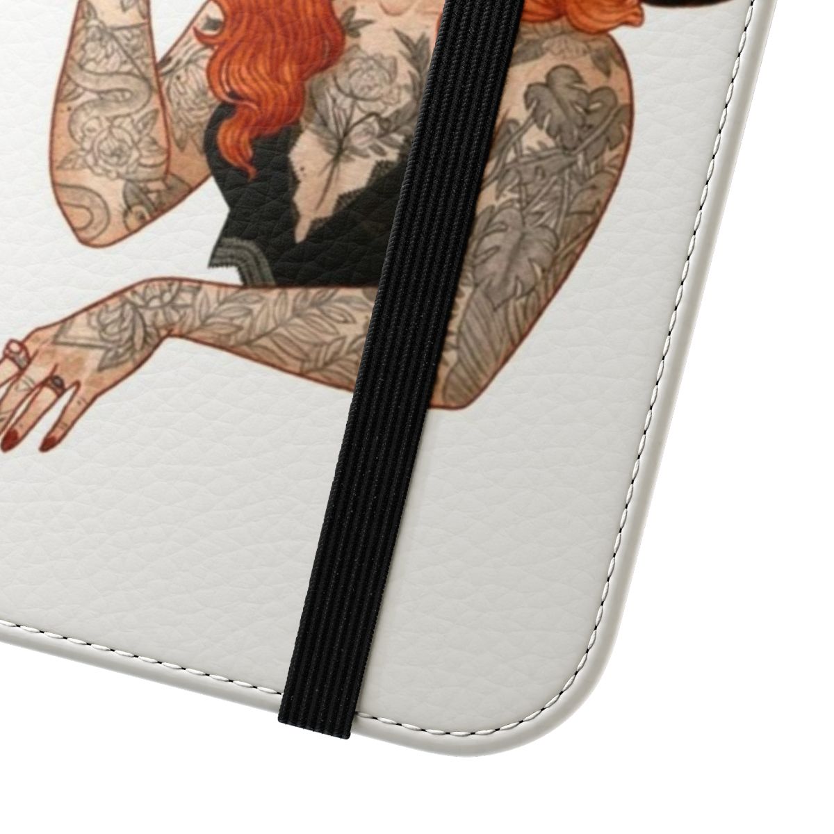 A vibrant red-haired witch phone case featuring a tattoo design and floral accents. - Close Up