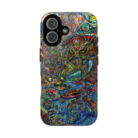 Colorful, abstract phone case with psychedelic, trippy patterns and surrealist, shamanic imagery