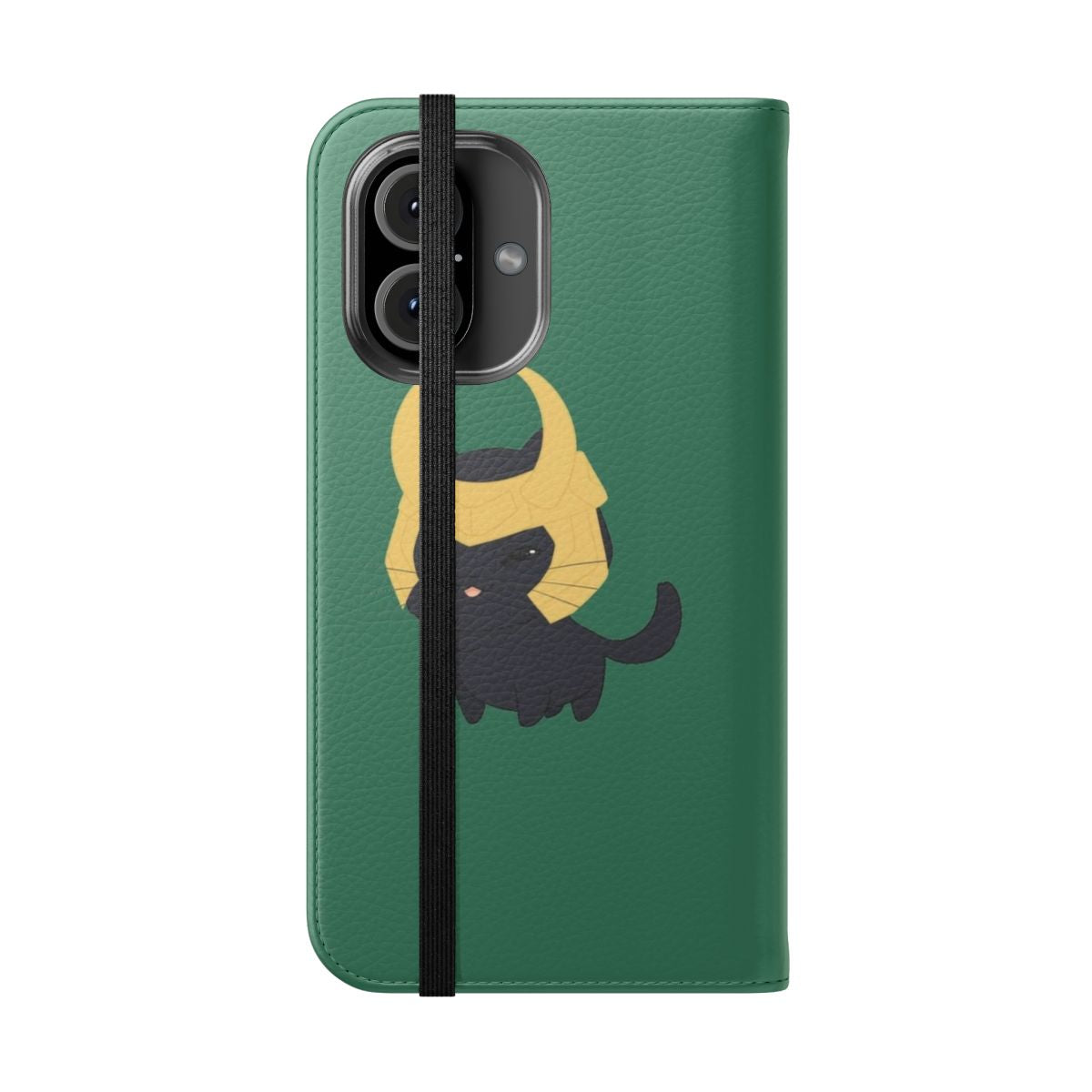 Black cat phone case with Loki chibi design - Folded Front