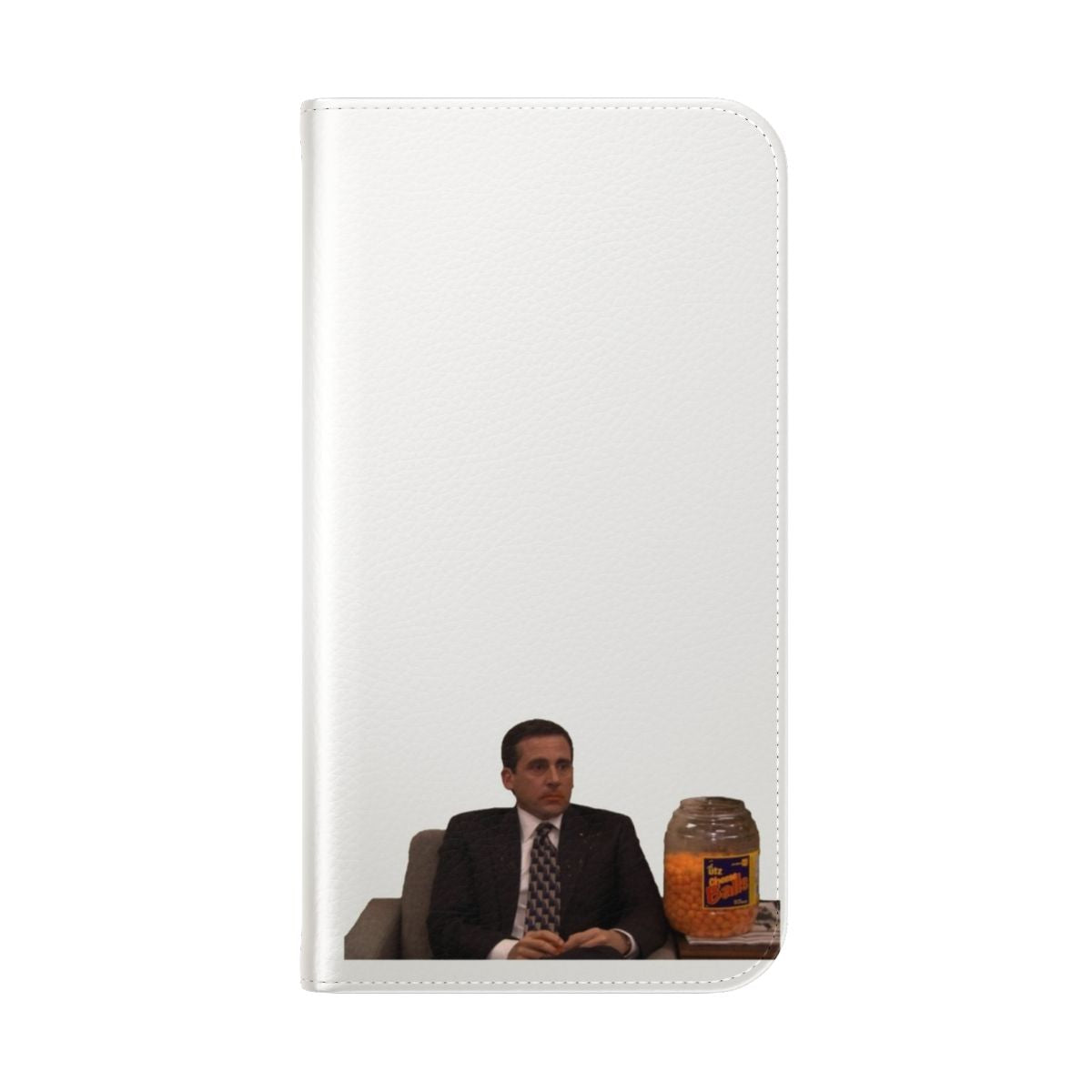 Colorful flip cover phone case featuring an illustration of Michael Scott from the TV show "The Office" holding a bag of Utz cheese puffs. - Folded Back