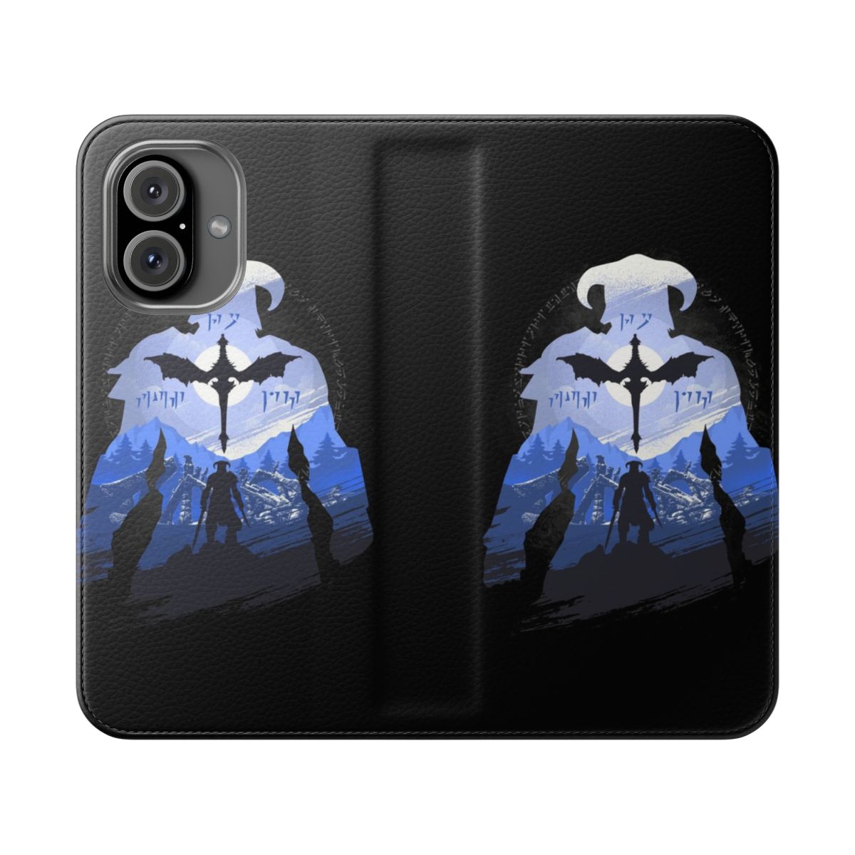 Skyrim-inspired fantasy phone case with a dragon and the Dragonborn