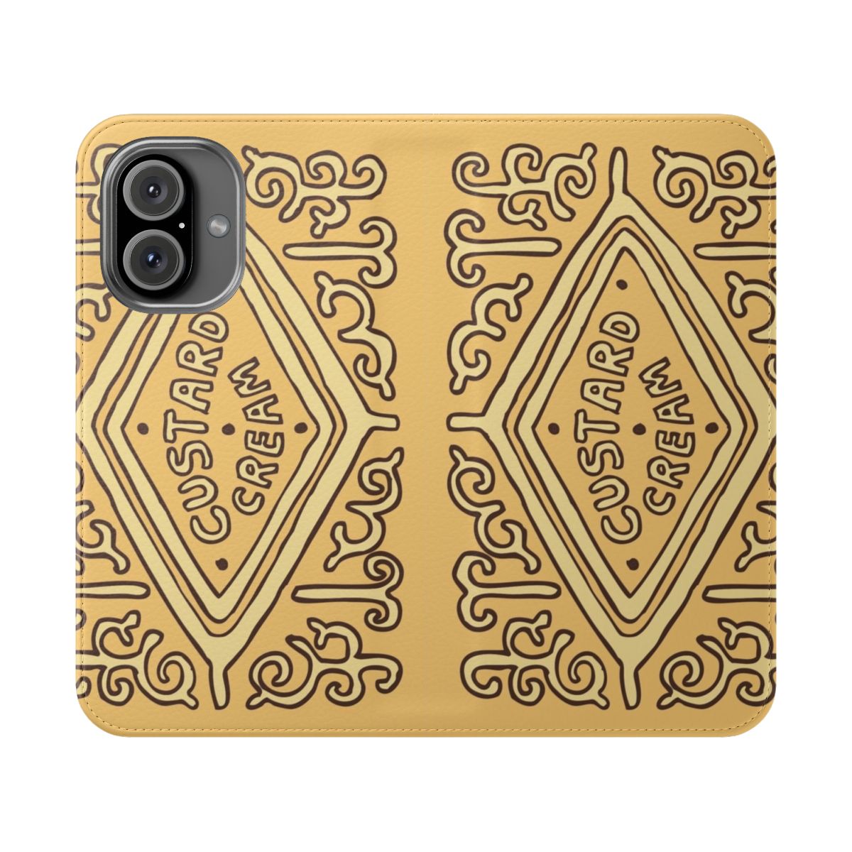 Custard cream inspired British biscuit phone case with hand-drawn design