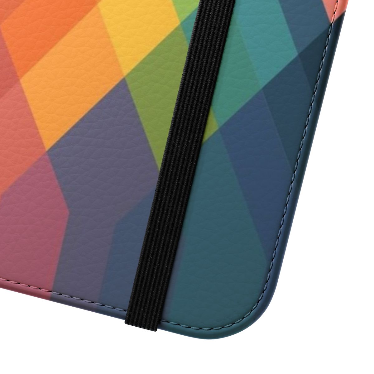 Colorful rainbow-themed geometric phone case with a mountain landscape design. - Close Up