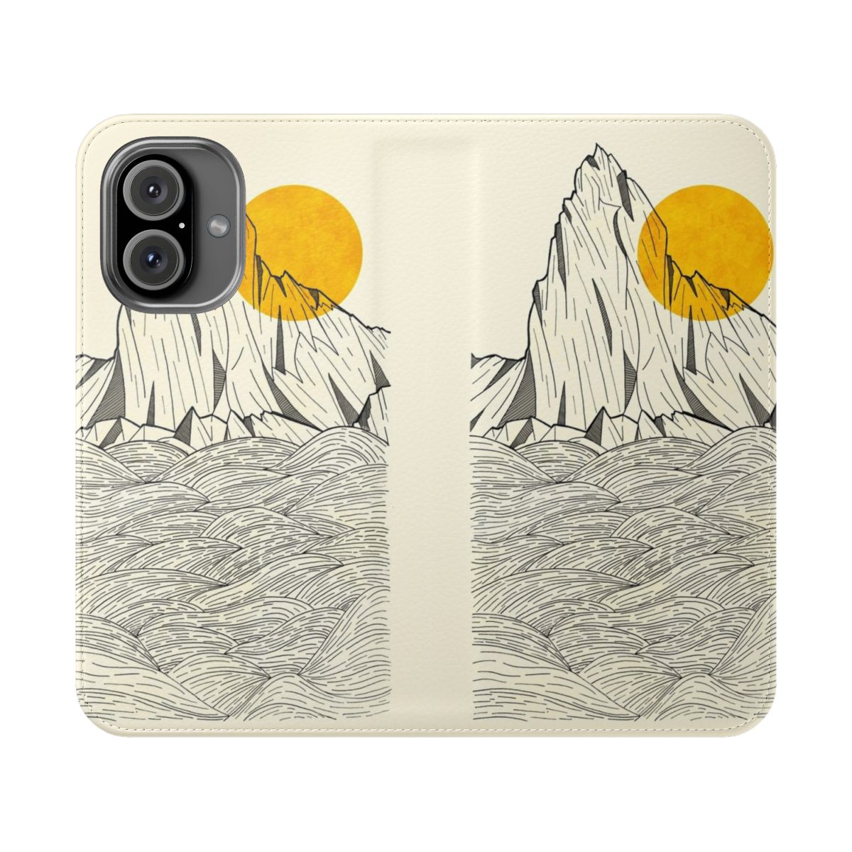 Minimalist phone case featuring a simple outline illustration of a coastal landscape with cliffs, mountains, and the sun.