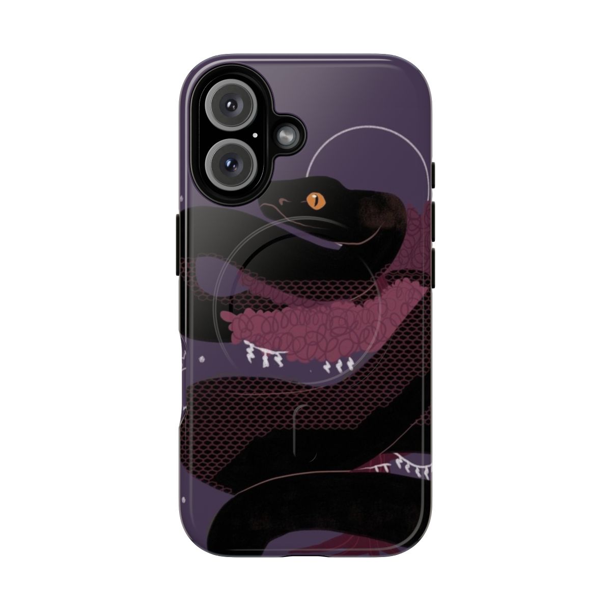 Magnetic tough phone case featuring a spooky witch's familiar design with a snake, bonsai tree, and Japanese elements.