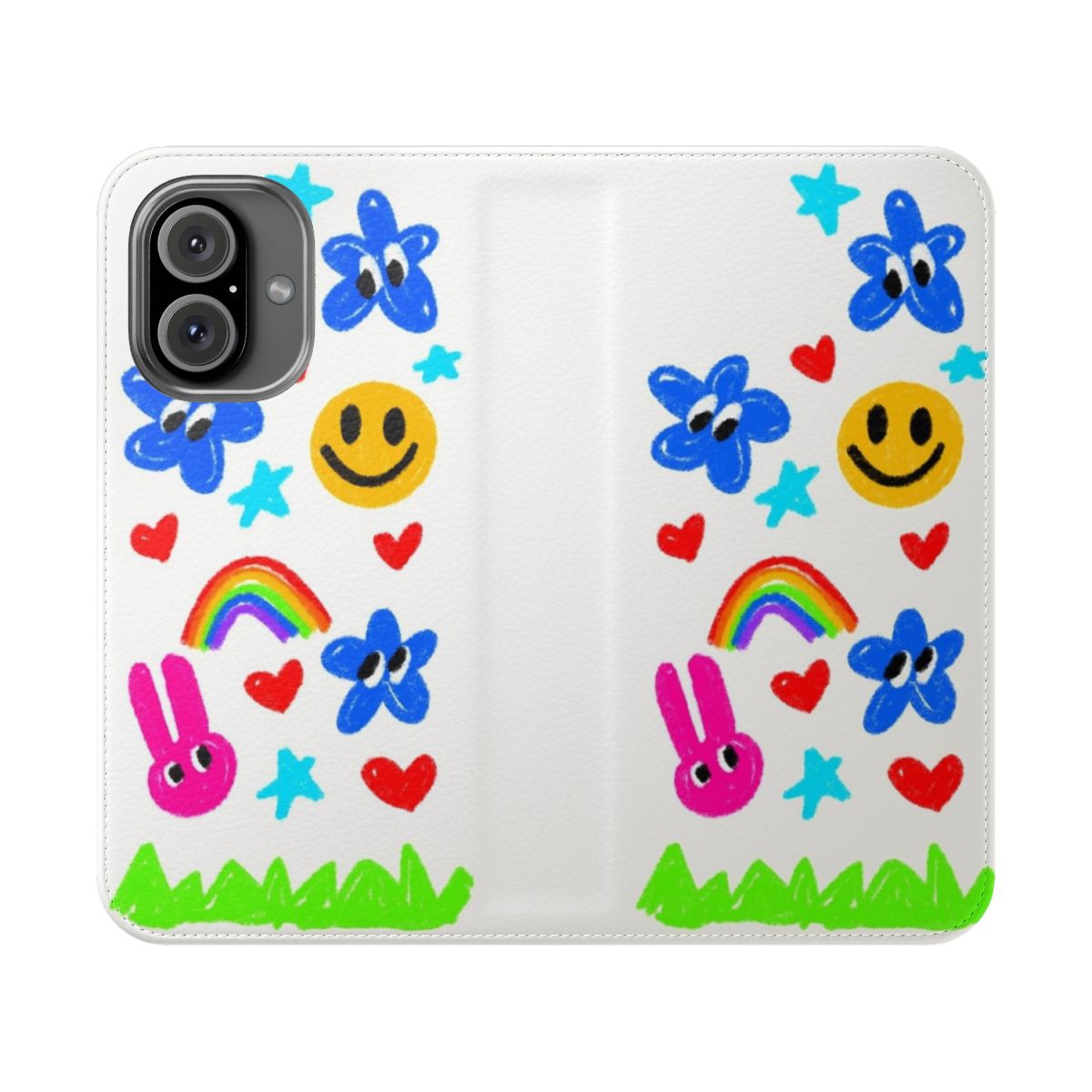 Colorful doodle design phone case with rainbow, hearts, and smiley faces