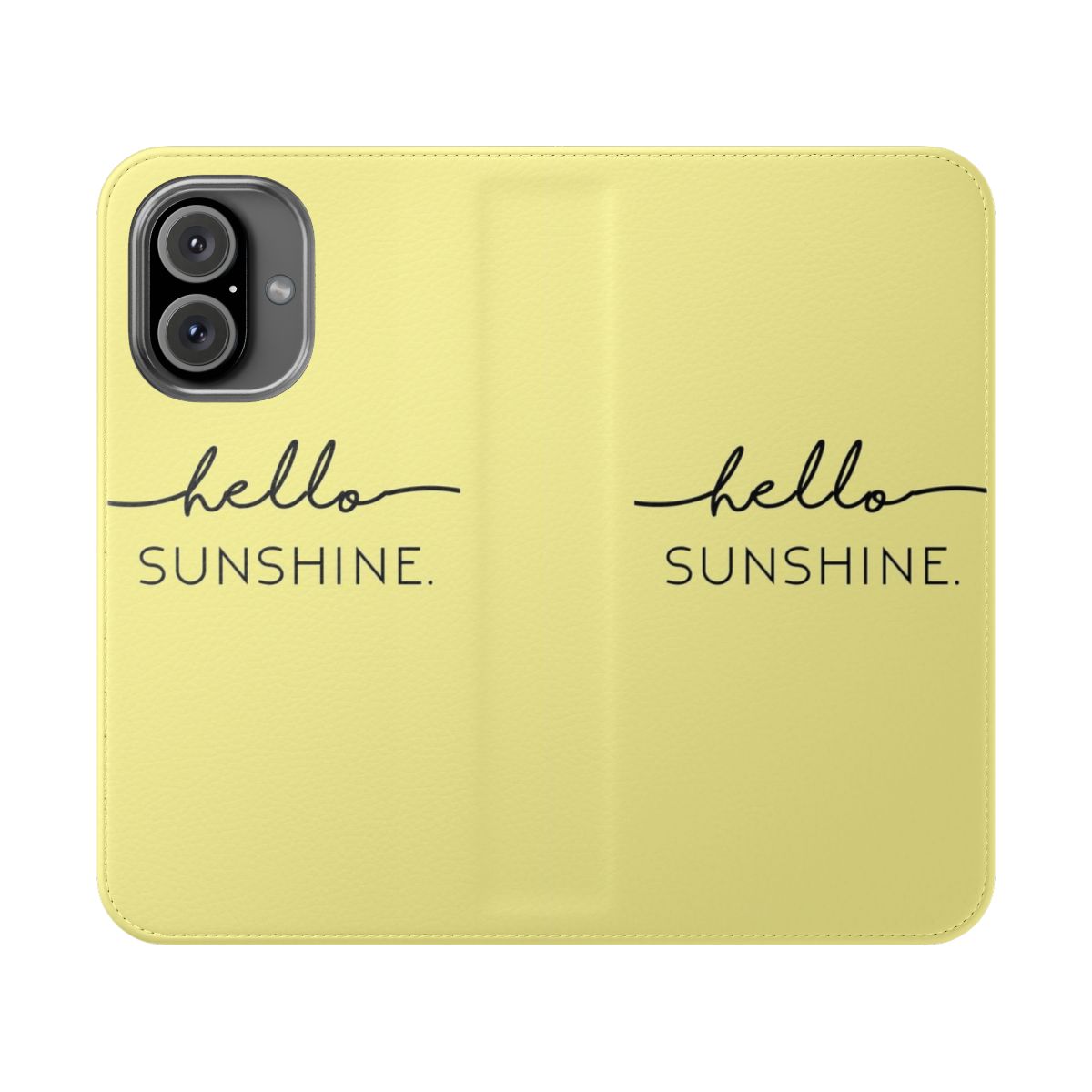 Yellow flip cover phone case with minimalist "Hello Sunshine" design, perfect for baby nursery