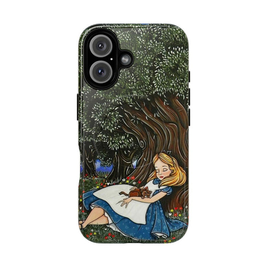 Magnetic tough phone case featuring original artwork inspired by Alice in Wonderland and fantasy nature scenes.