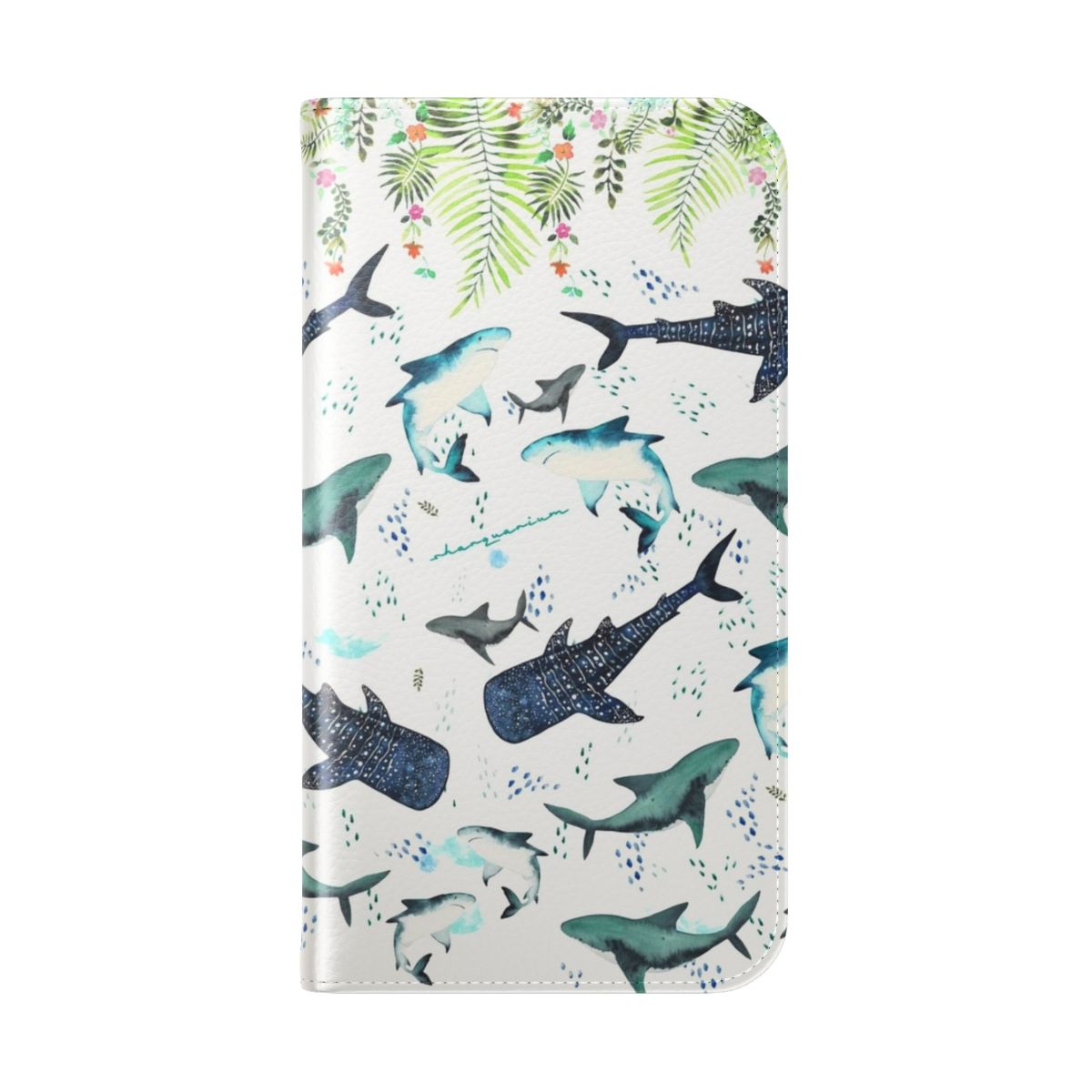 Floral shark pattern phone case cover with palm leaves and underwater elements - Folded Back