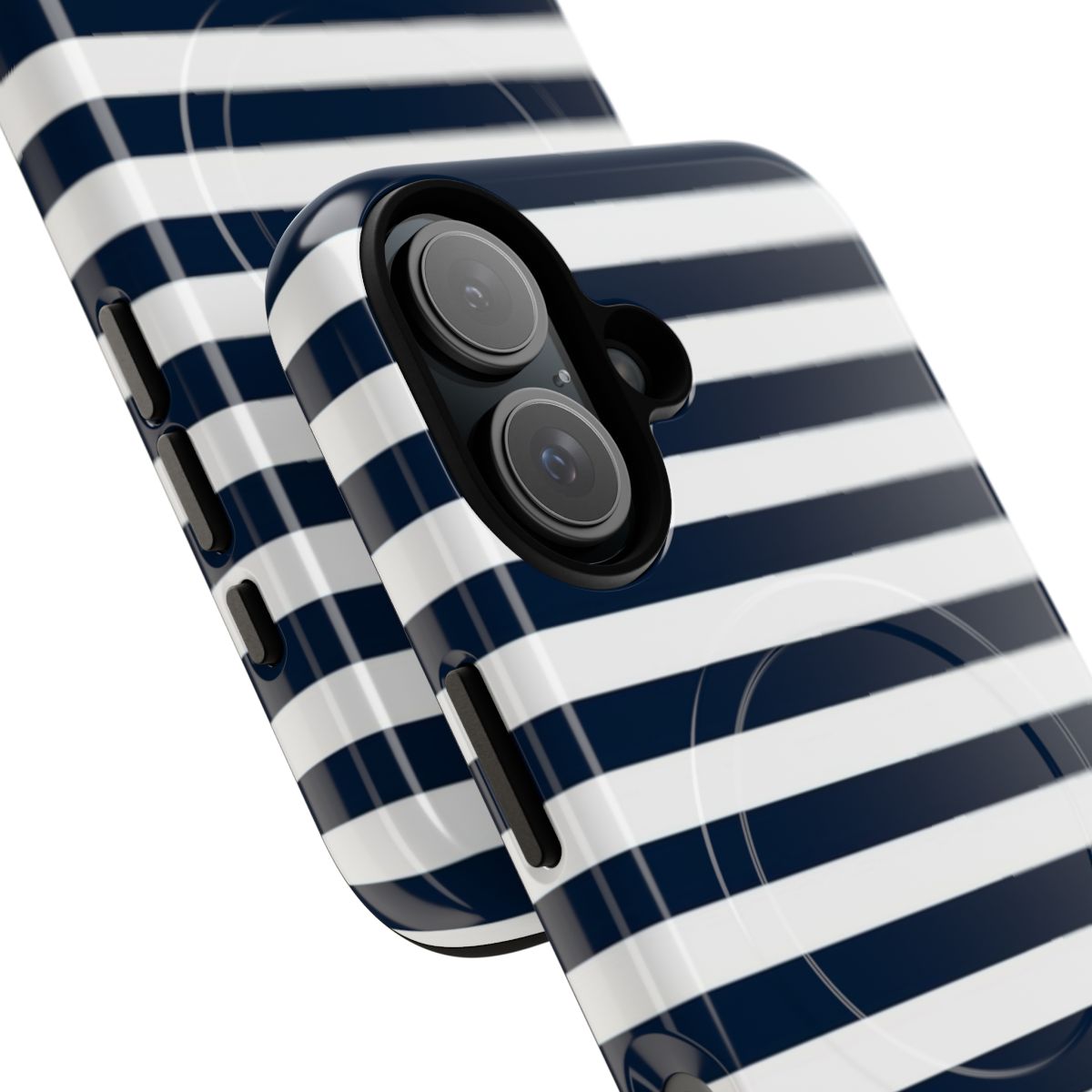 Navy blue and white striped horizontal pattern on a sturdy phone case - Detail