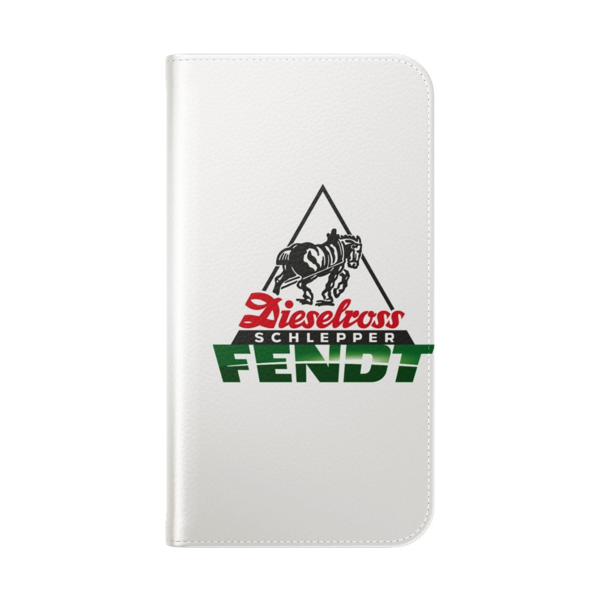 Flip cover phone case with a German tractor inspired Fendt diesel horsepower hauler design. - Folded Back