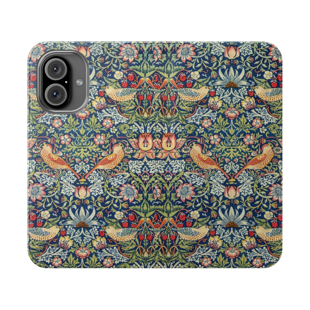 Vintage floral phone case with a William Morris inspired strawberry thief pattern featuring birds and flowers