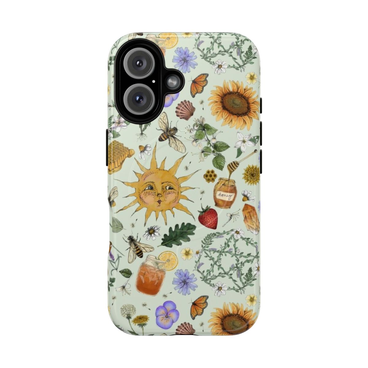 Green magnetic tough phone case with a Litha pattern featuring a pentacle, sunflowers, butterflies, and honeybees.