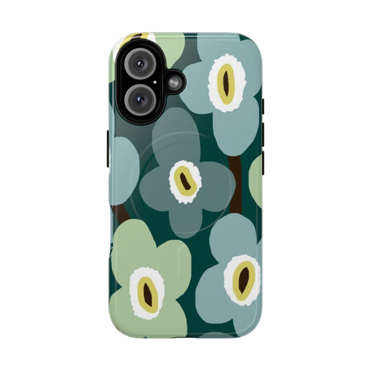 Minimalist Scandinavian-inspired floral pattern phone case in shades of green and blue