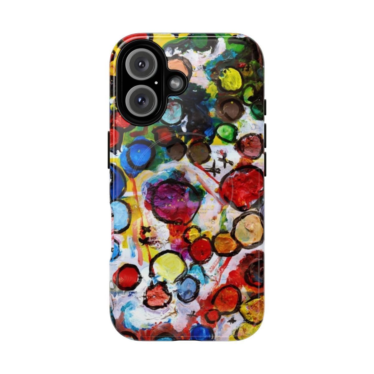 Closeup image of a vibrant, abstract phone case with a colorful, layered and textured design.