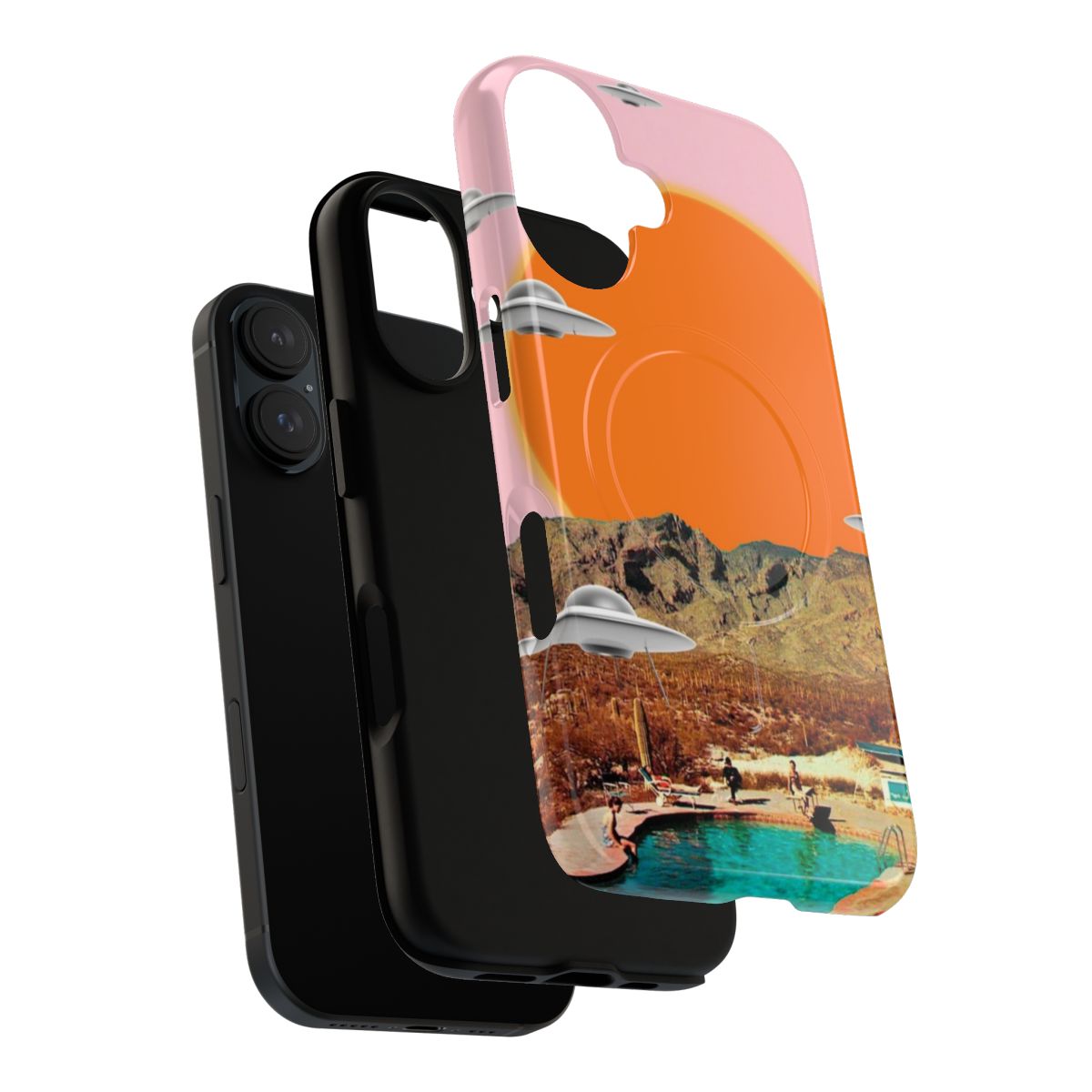 Magnetic phone case with a design depicting a UFO landing in a desert landscape with cacti and a pink sky. - Layers