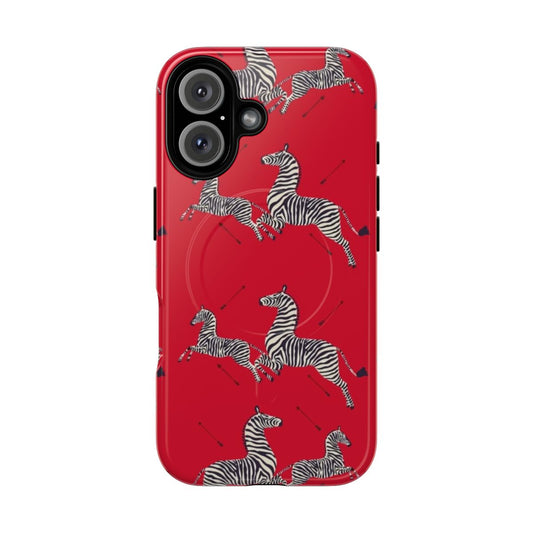 Stylish red Scalamandré zebra pattern magnetic tough phone case inspired by The Royal Tenenbaums