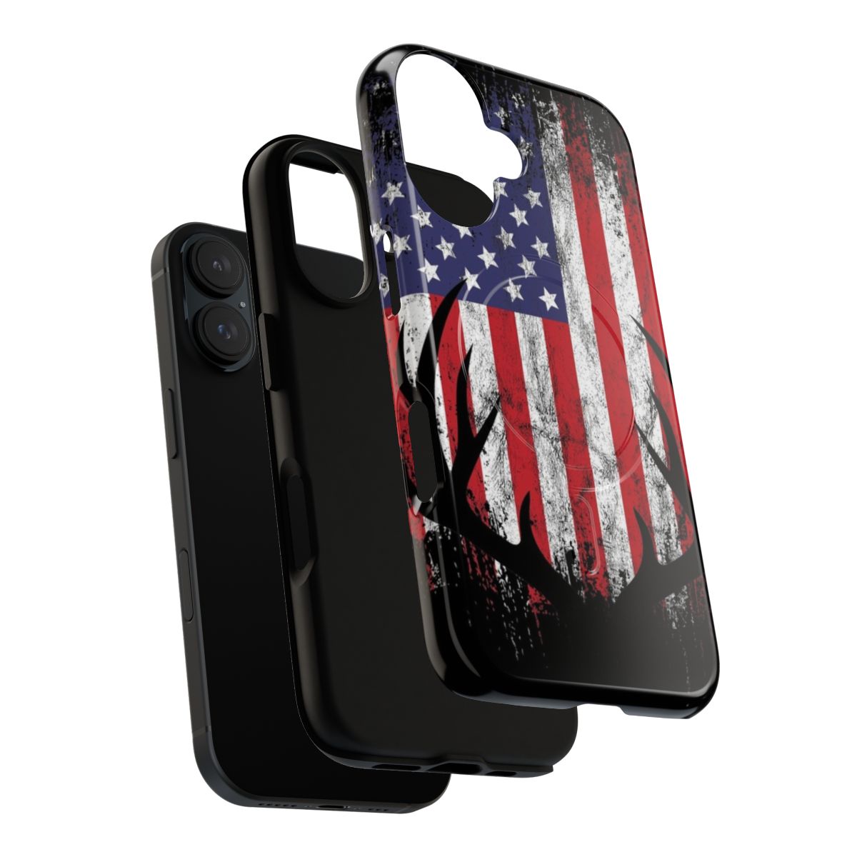 Deer hunting magnetic phone case with whitetail buck antlers and American flag design - Layers