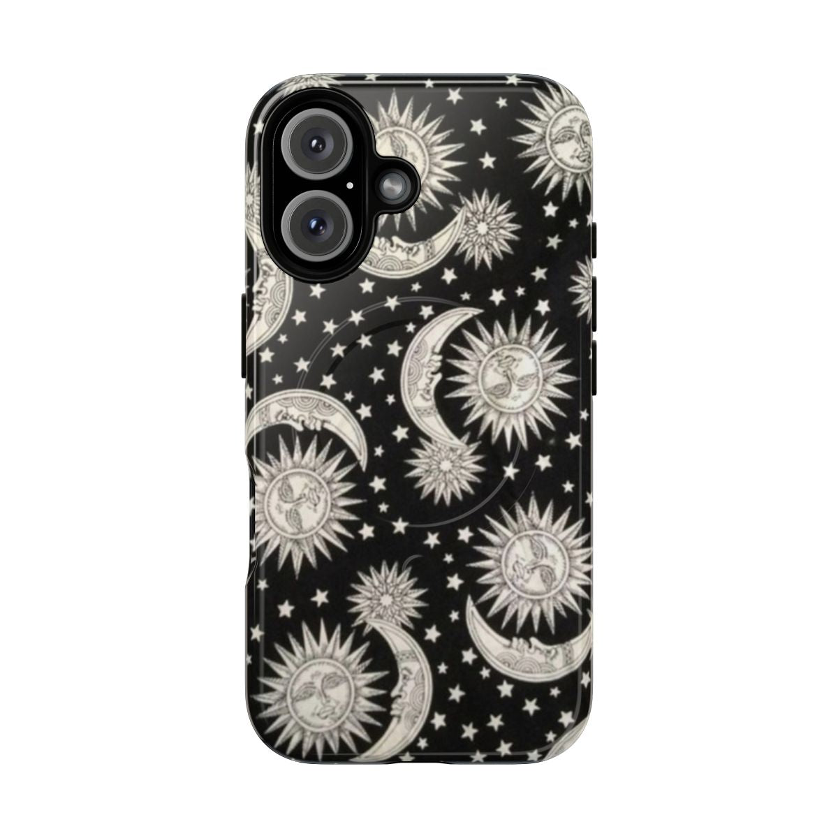 A phone case featuring a retro, vintage design with a sun and moon design against a starry background.