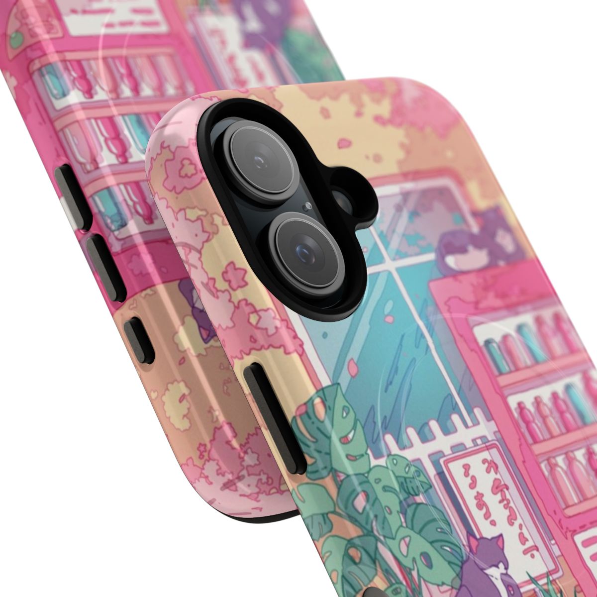 Magnetic tough phone case with a design featuring pink cherry blossoms, city street, and cute cats - Detail