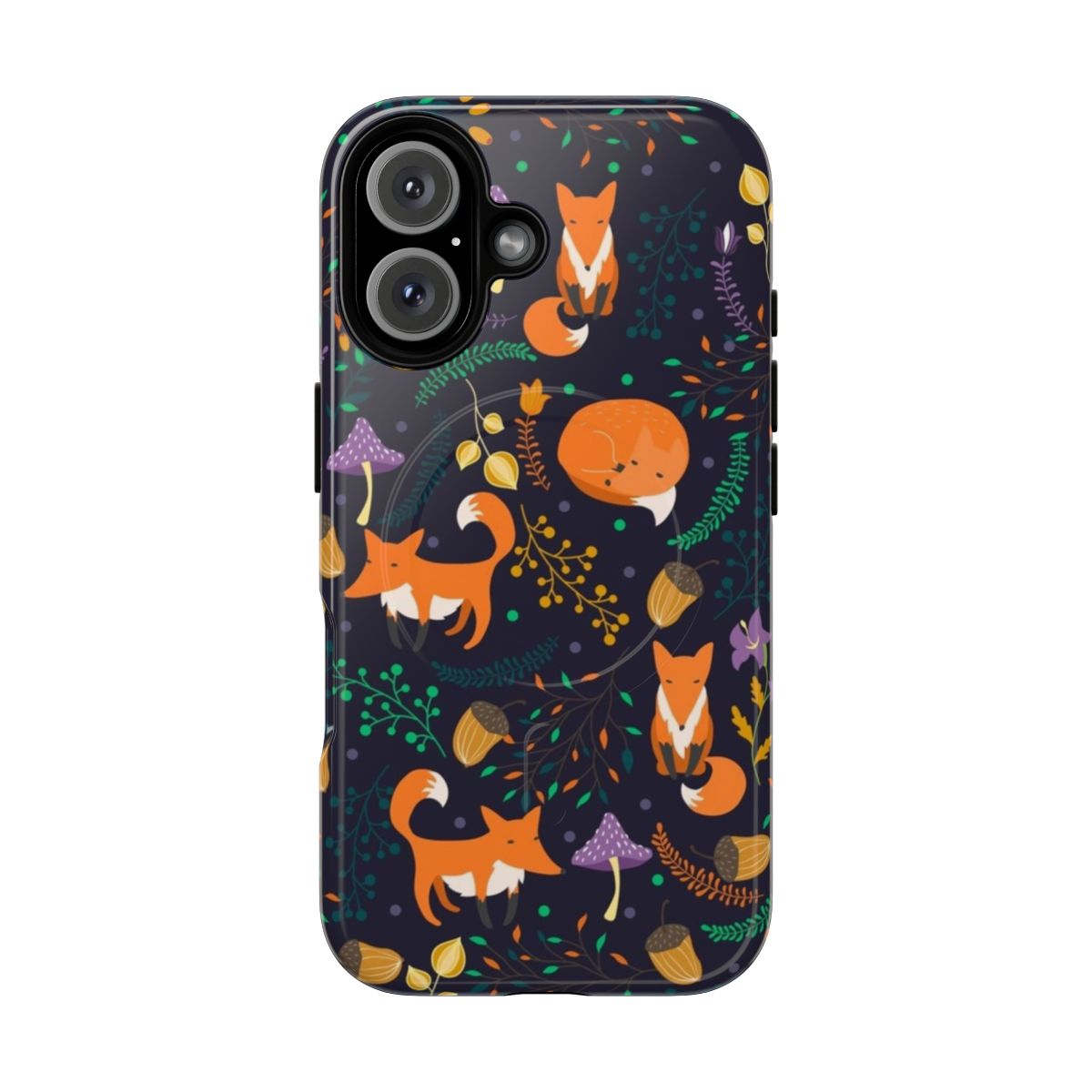 Whimsical illustration of sleeping foxes in a magical forest with floral patterns and autumn leaves.