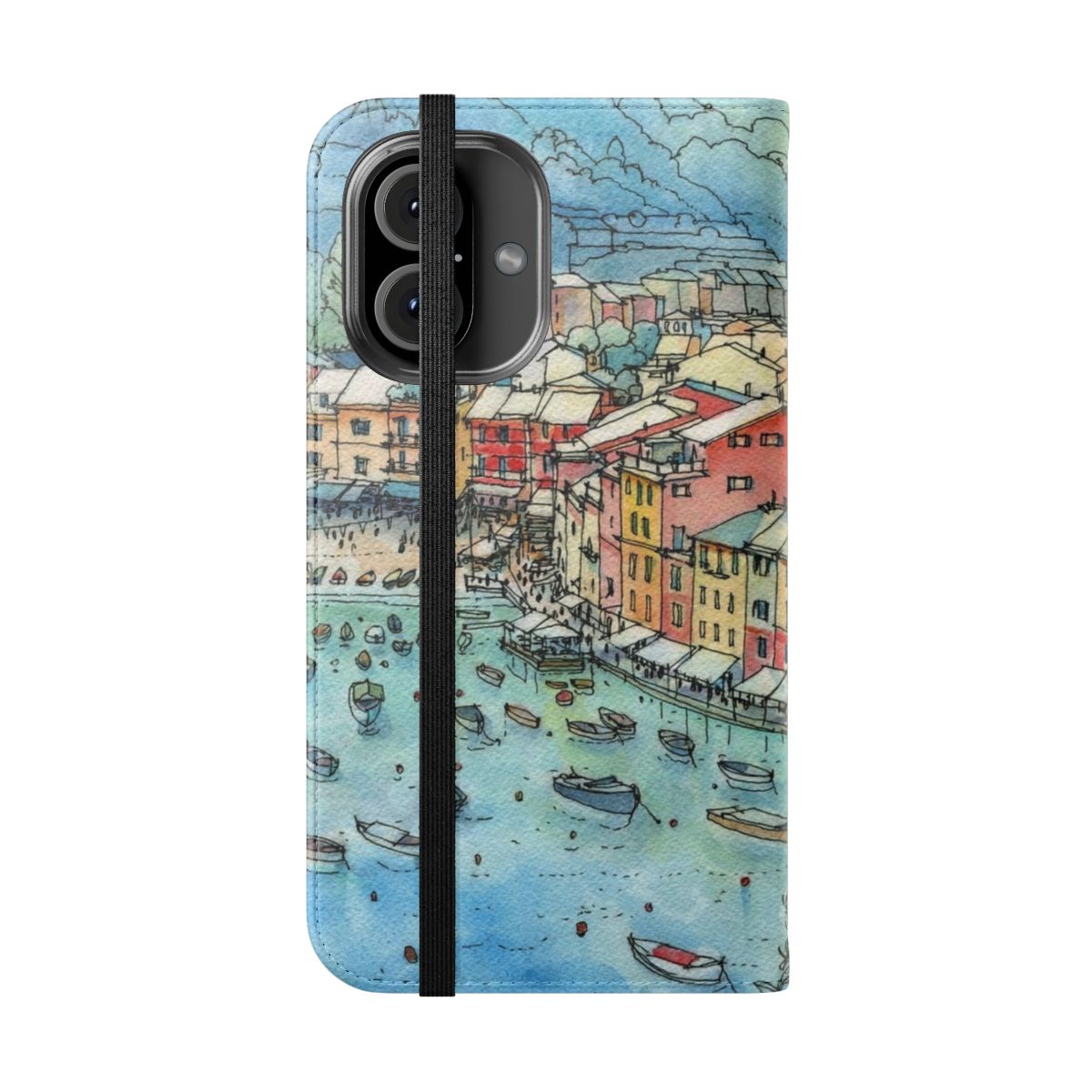 Flip phone case featuring a picturesque landscape of Portofino, Italy - Folded Front