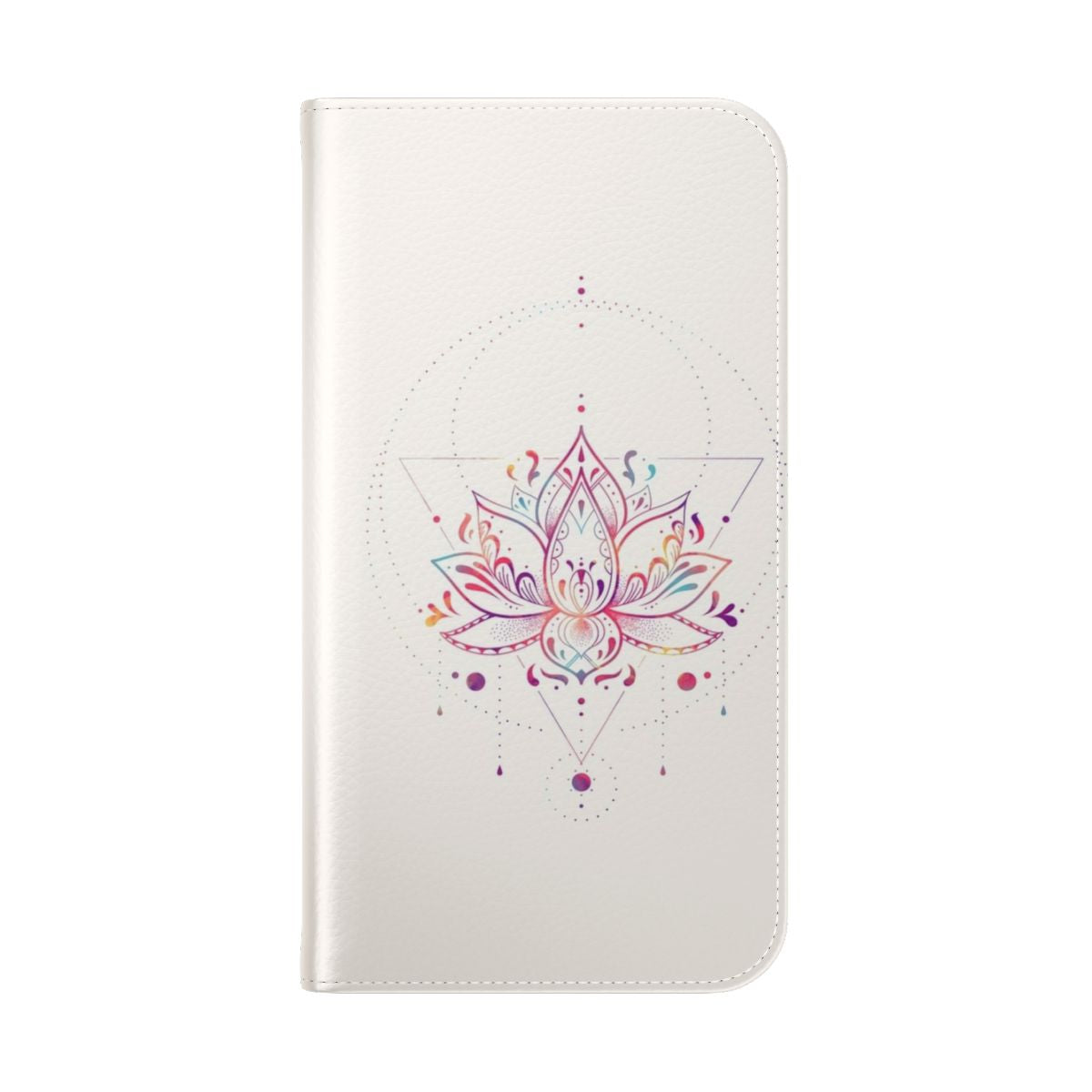 Colorful flip cover phone case with lotus flower, mandala, and geometric designs - Folded Back