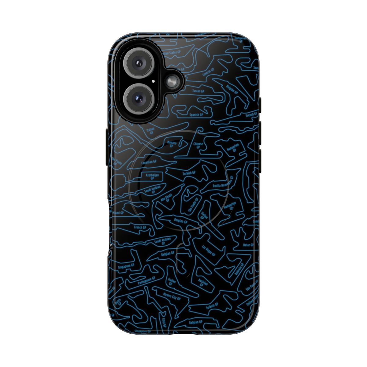 Magnetic phone case featuring a pattern of Formula 1 racing circuit silhouettes