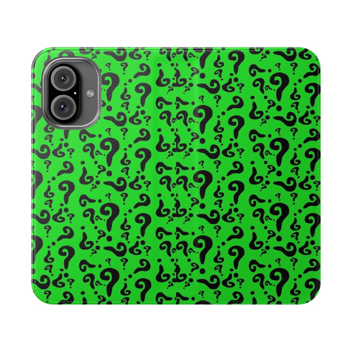 A green phone case with a question mark design, inspired by the iconic villain character from DC comics.