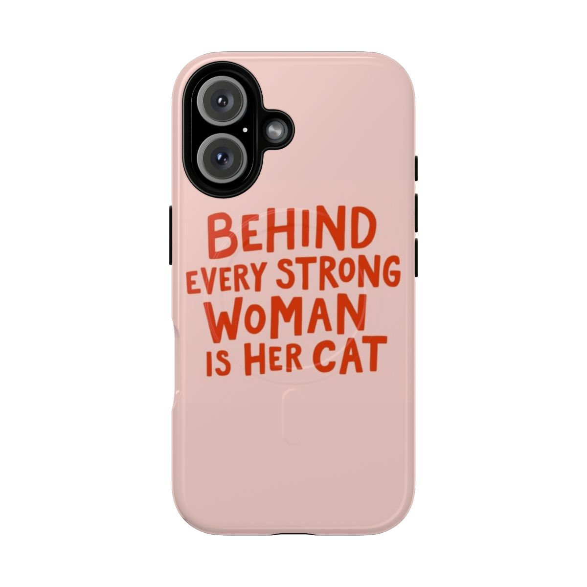 Magnetic phone case featuring a design of a strong, empowered woman with her cat.