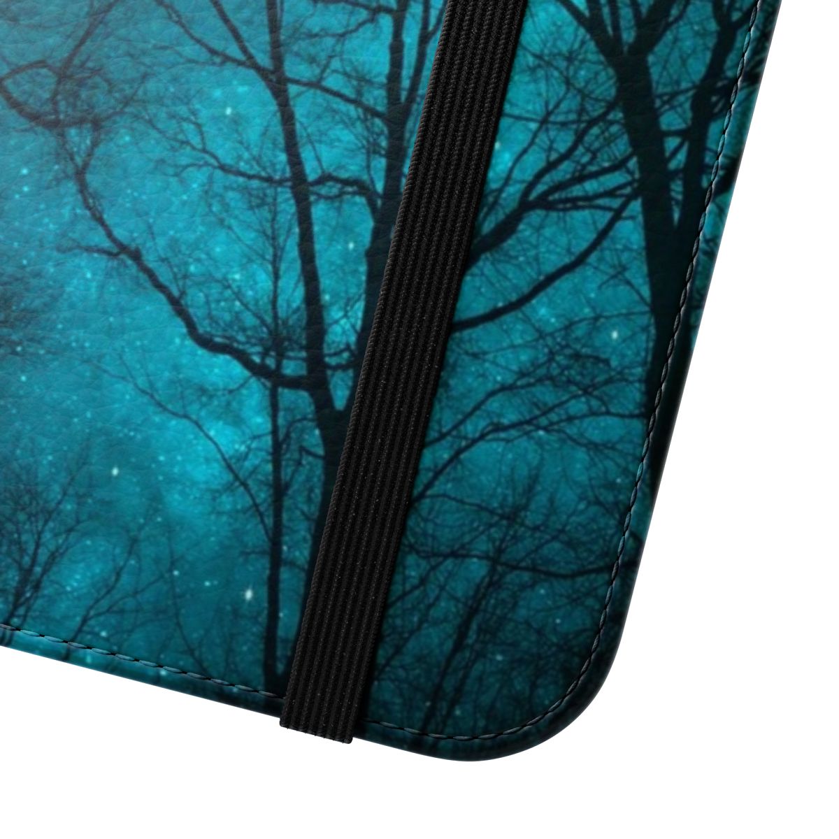 Mint teal and galaxy-inspired abstract design phone case with silhouetted trees - Close Up