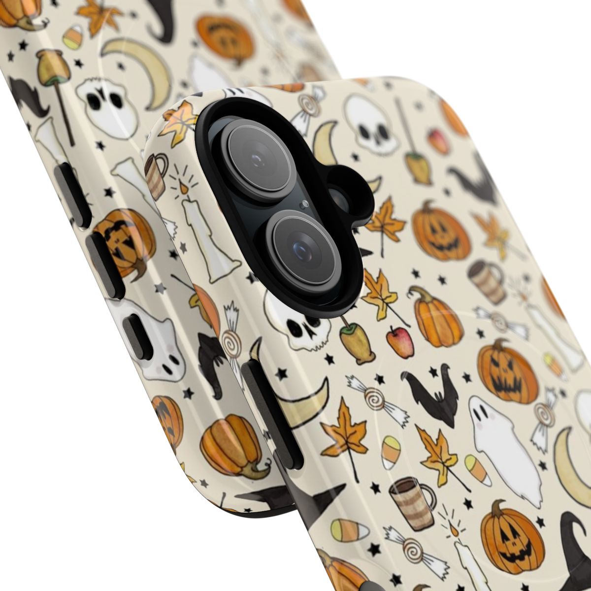 A phone case with a spooky, gothic halloween pattern in black and orange. - Detail