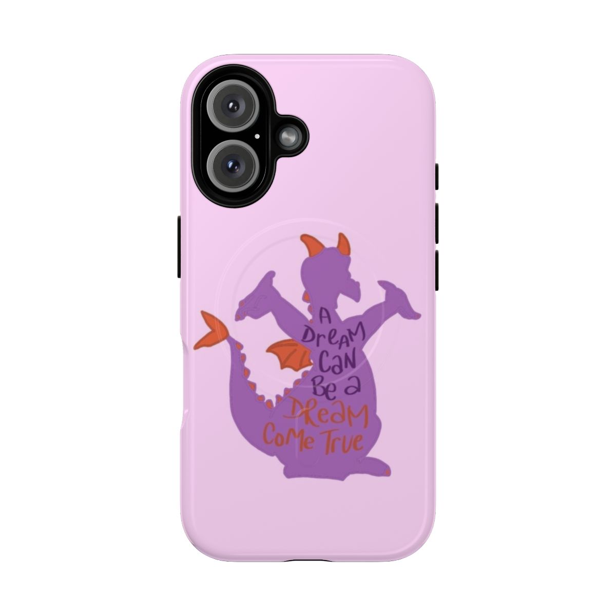 Vibrant purple phone case with Figment the dragon and hand-lettered quote