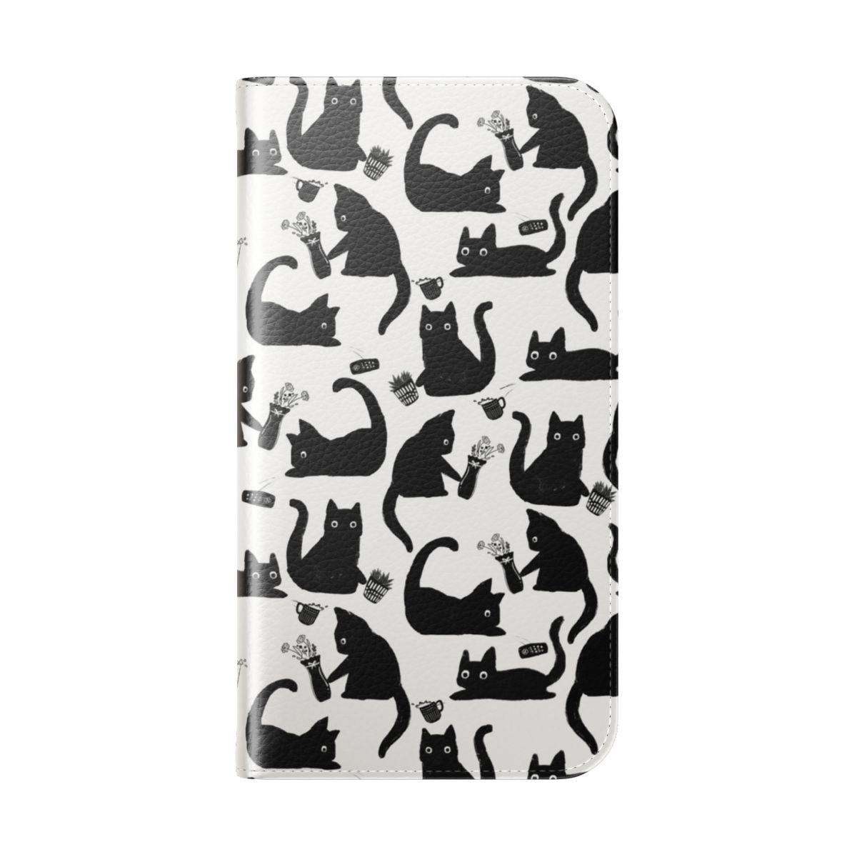 A flip cover phone case featuring a hand-drawn pattern of adorable, mischievous cats knocking things over. - Folded Back