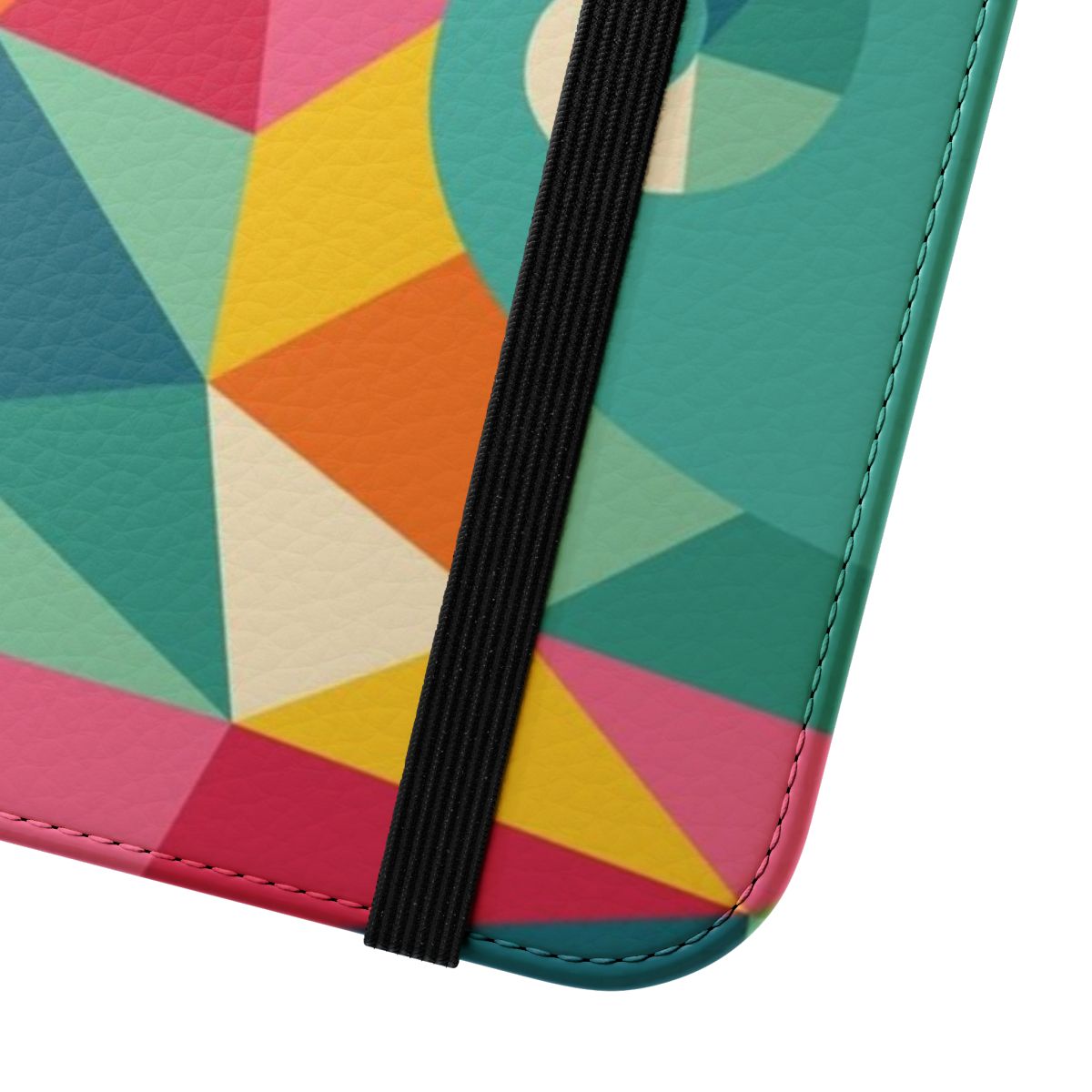 Colorful geometric phone case design featuring a sloth surfing a wave - Close Up