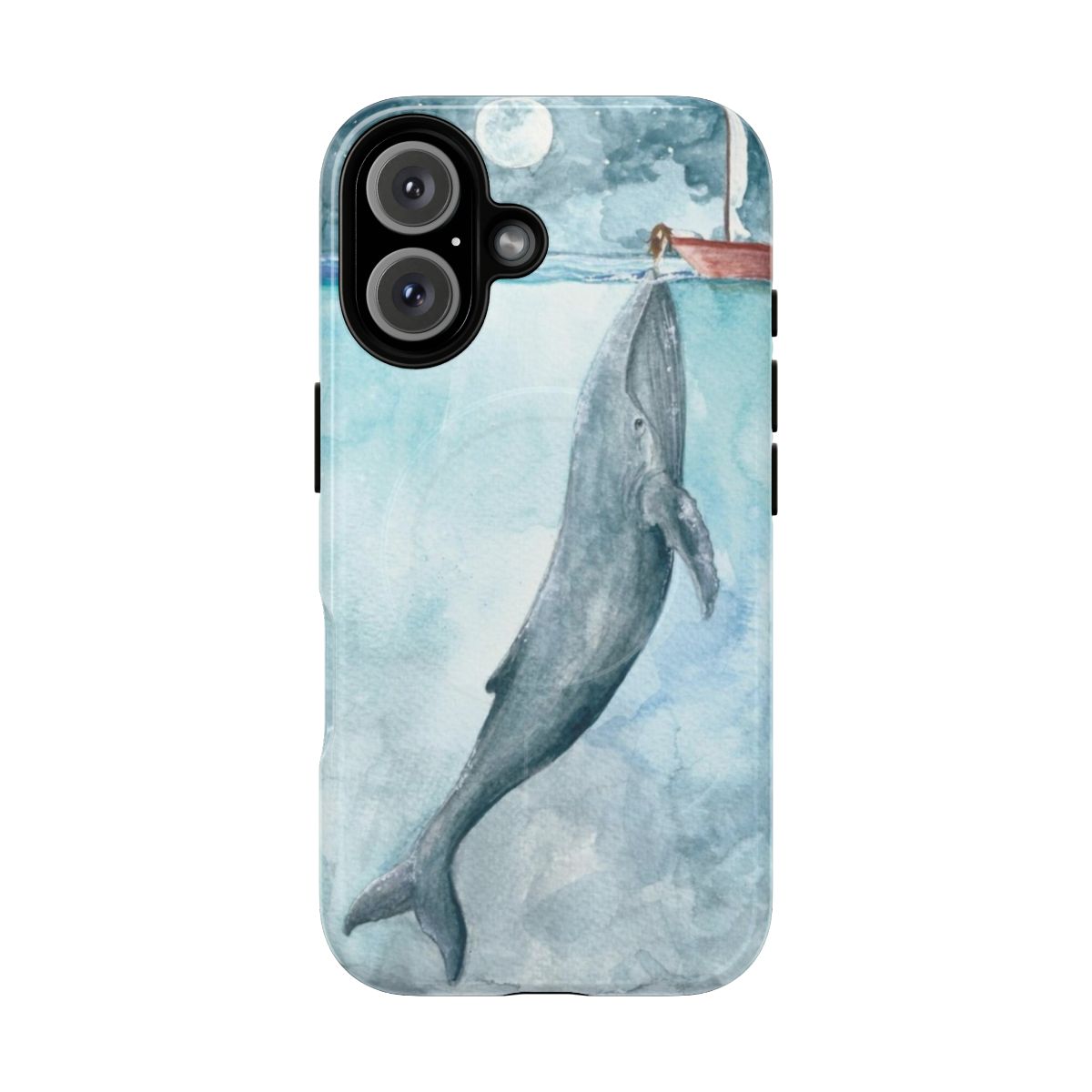 Magnetic phone case with ocean, whale, boat, and moon design