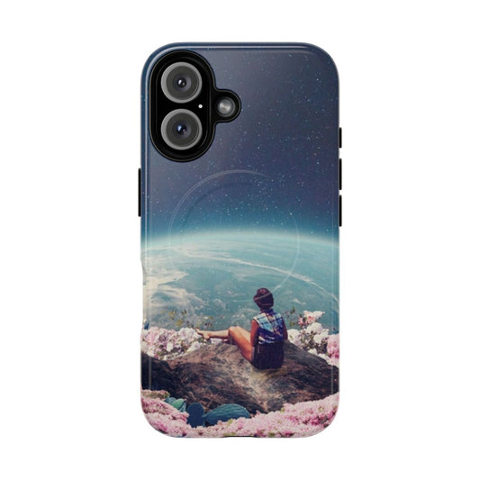 Artistic phone case featuring a digital collage of flowers, space, and cosmic elements in a vintage, pastel-toned style.