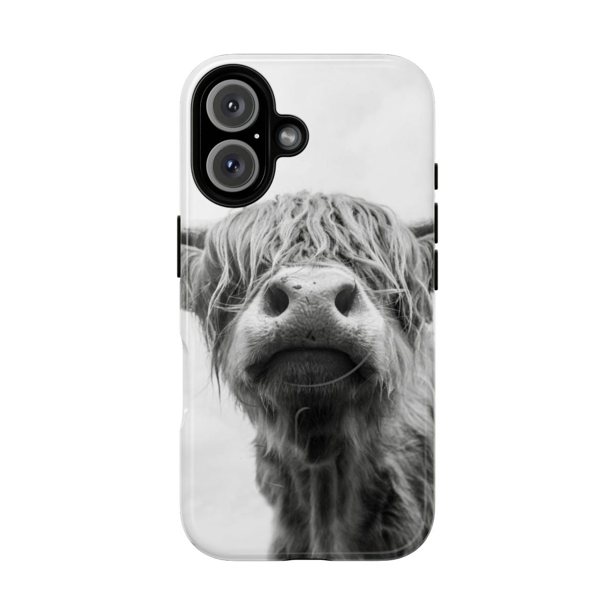 Artistic black and white illustration of a highland cow on a durable and protective phone case